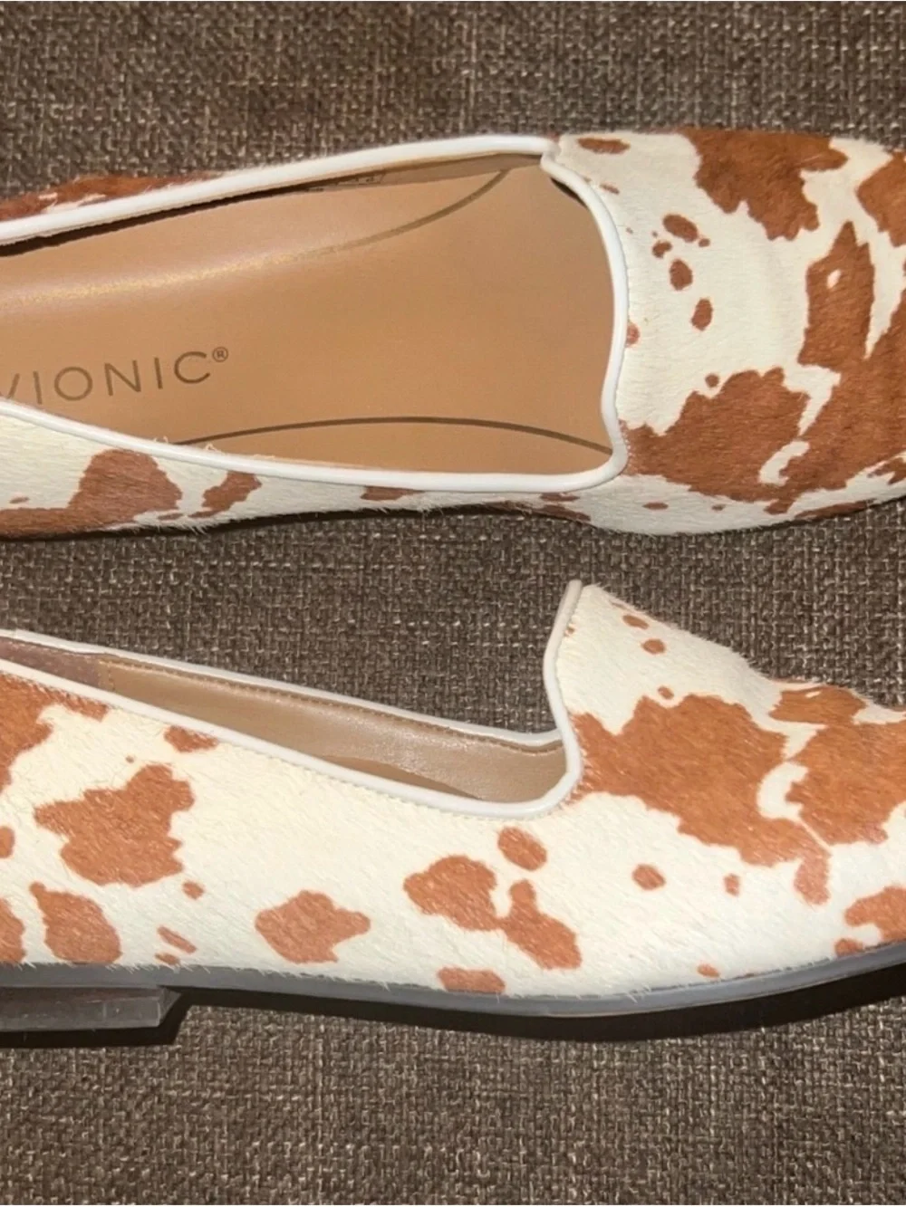 Vionic Calfhair Cowhide Slip-On Loafers in Brown and White 7.5